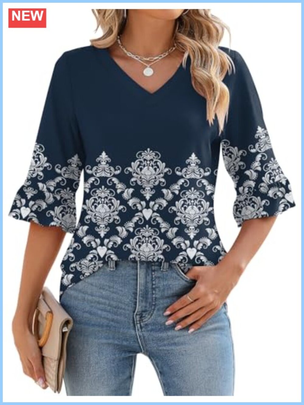 Womens 3/4 Sleeve V-Neck Ruffle Bell Sleeve Tunic Top Blouse